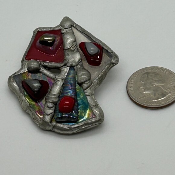 Abstract Modernist Handmade Brooch Stained Glass Brutalist Style Geometric OFAK - Picture 9 of 16